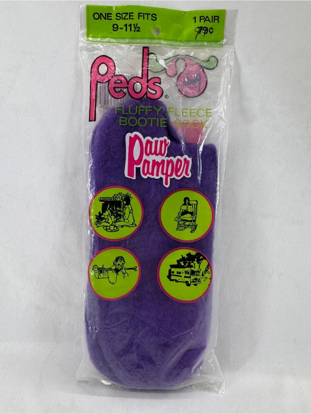 Vintage 1980's Peds Paw Pamper Fluffy Fleece Bootie Sock NOS Purple Size 9-11.5